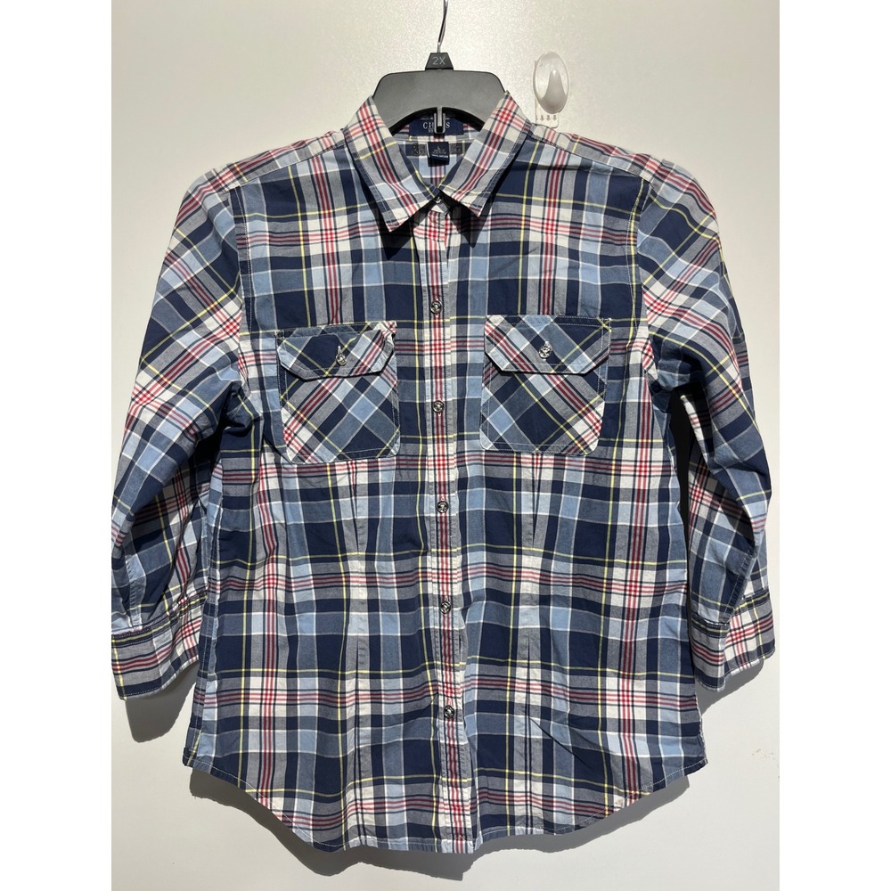 Chaps Womens Blue Red Plaid 100% Cotton 3/4 Sleeve Button Down Shirt Large